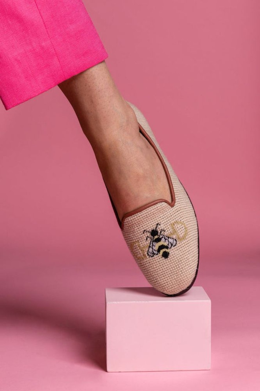 Smoking Slippers By Paige | Needlepoint Loafer In Snaffle Bit Bee Tan