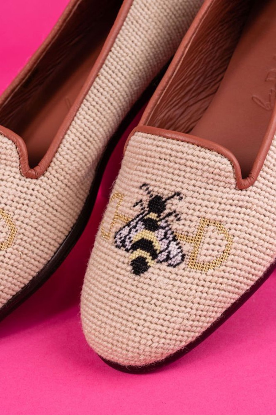 Smoking Slippers By Paige | Needlepoint Loafer In Snaffle Bit Bee Tan