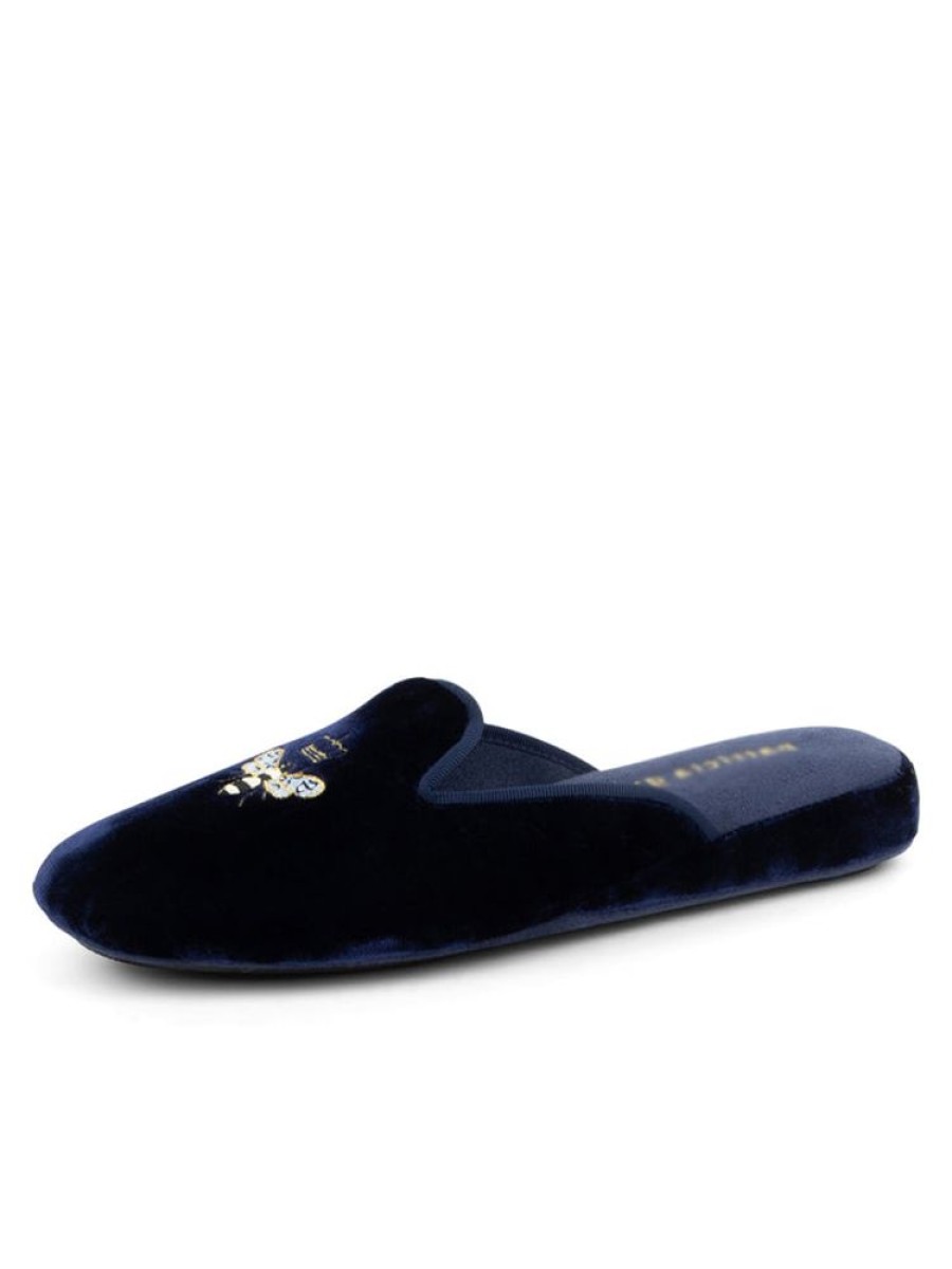 Slippers Patricia Green | Queen Bee Embroidered Velvet Slipper Navy Velvet