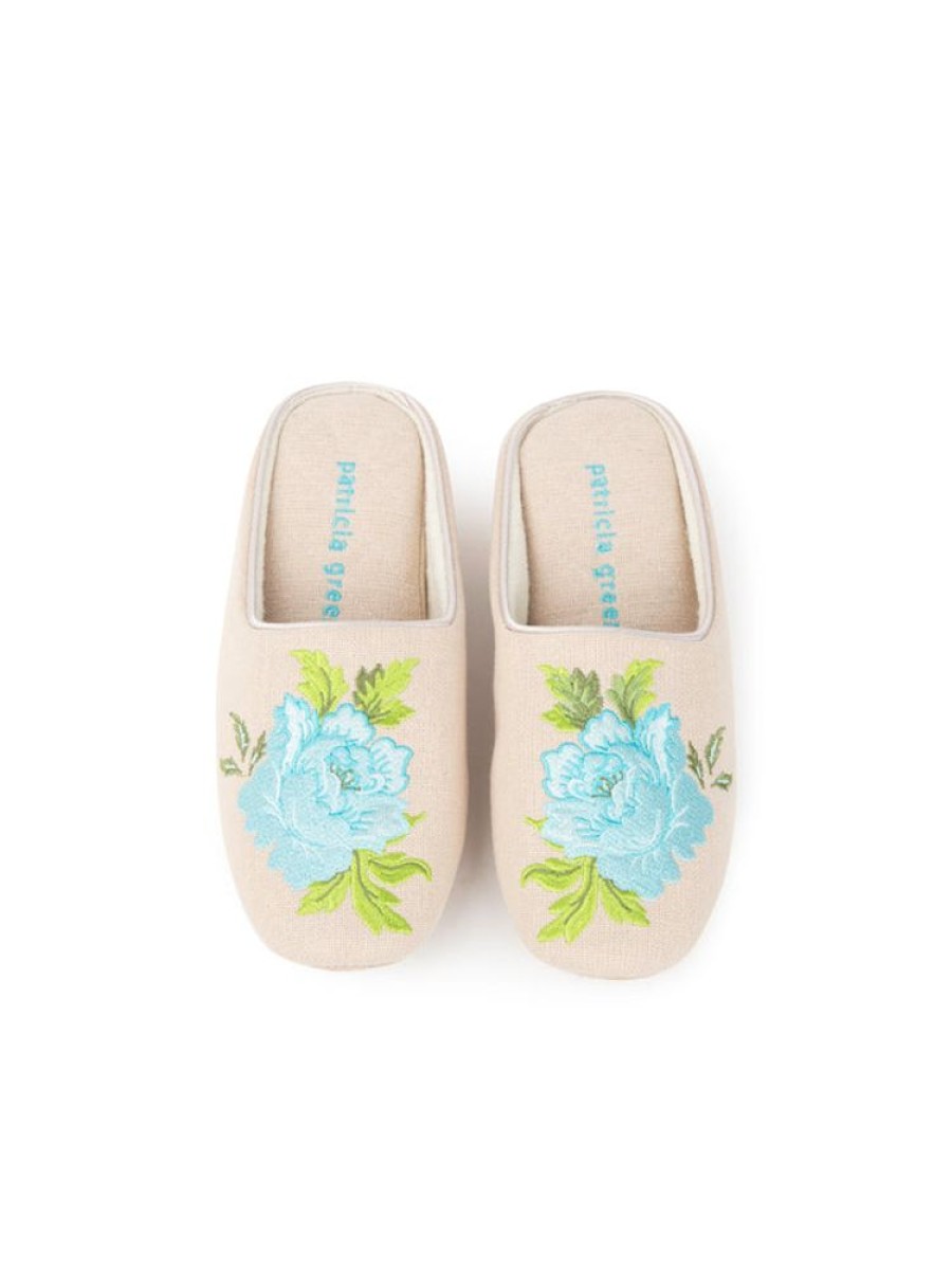 Slippers Patricia Green | Peony Embroidered Slipper Linen