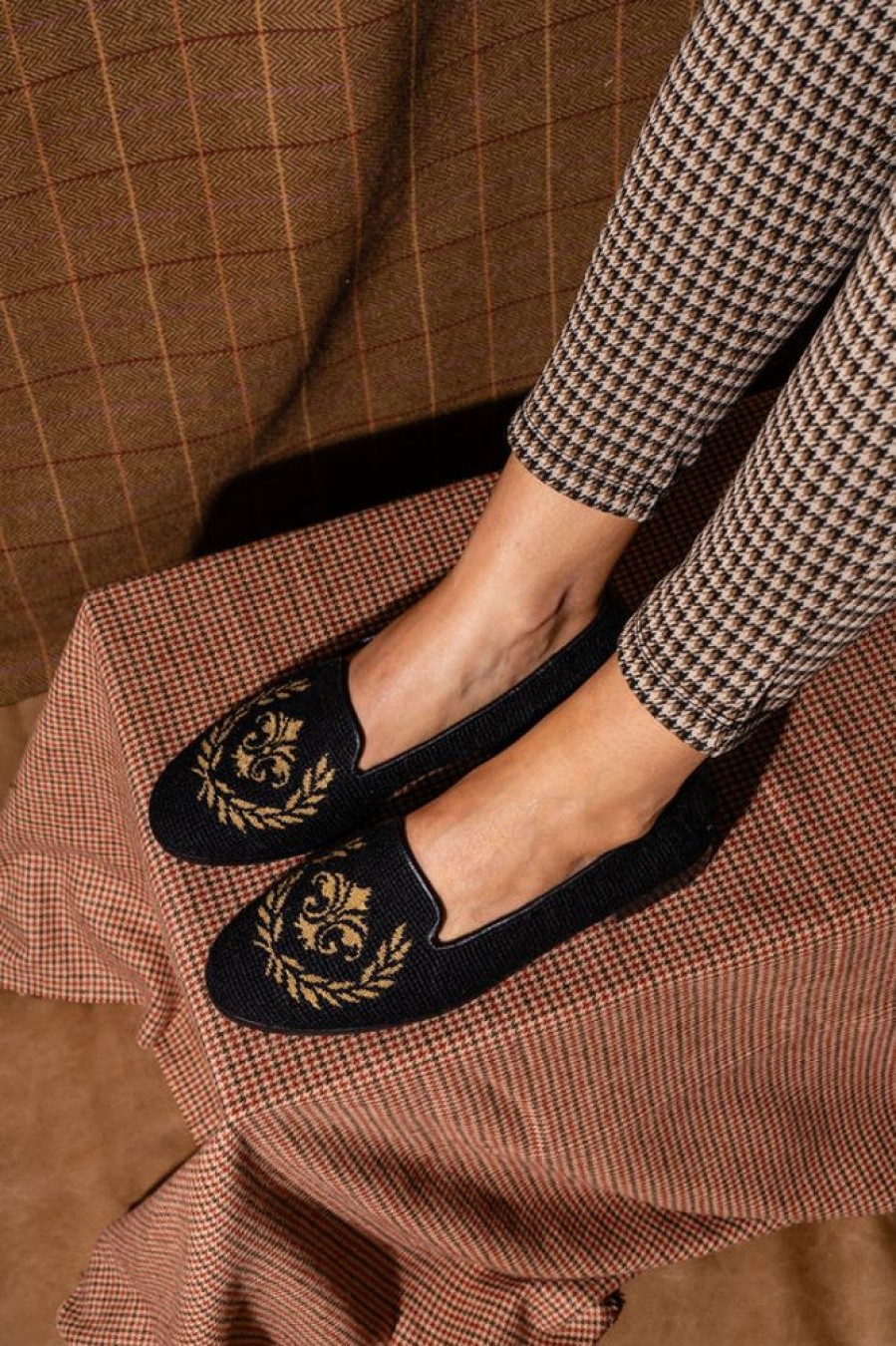 Smoking Slippers By Paige | Needlepoint Loafer Gold Fleur De Lis/Black