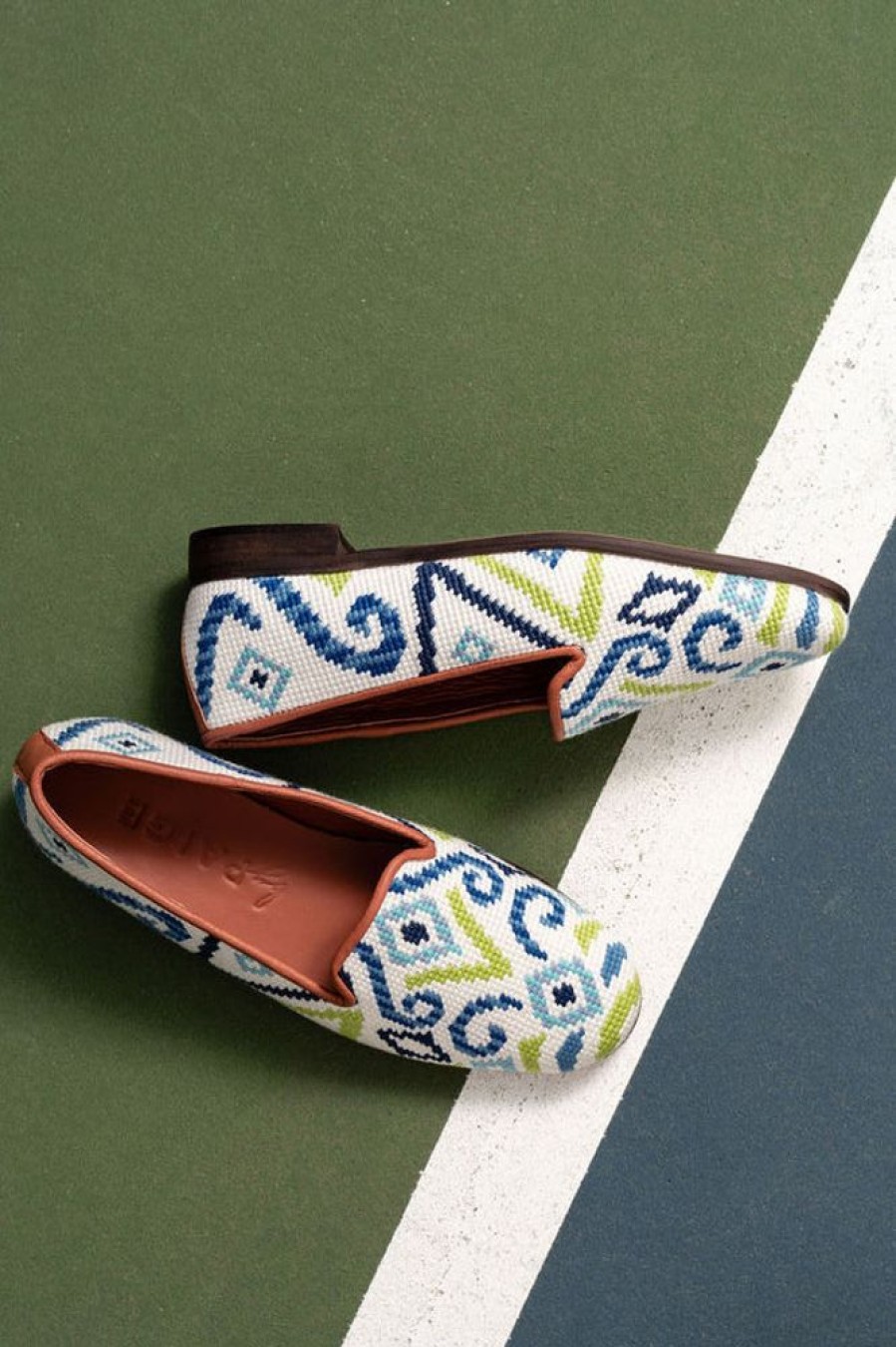 Smoking Slippers By Paige | Needlepoint Loafer In Ikat Blue/Green