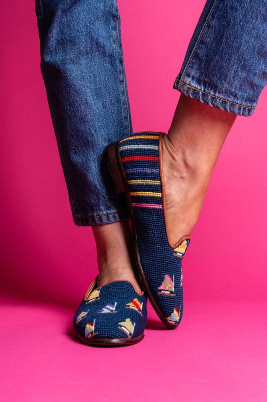 Smoking Slippers By Paige | Needlepoint Loafer Fleet On Navy