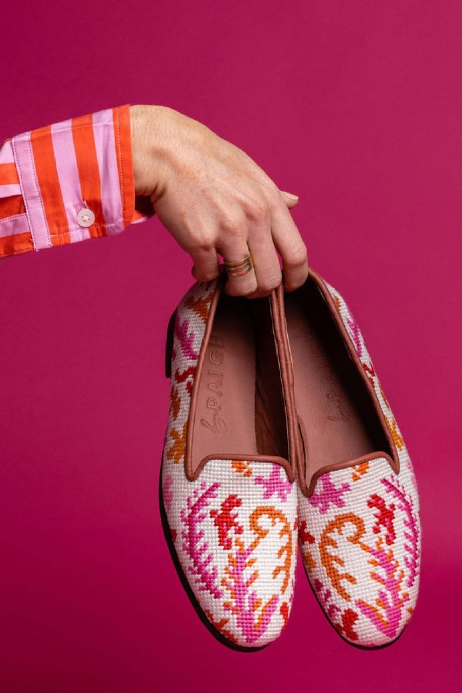 Smoking Slippers By Paige | Needlepoint Loafer In Coral Reef Pink/Orange