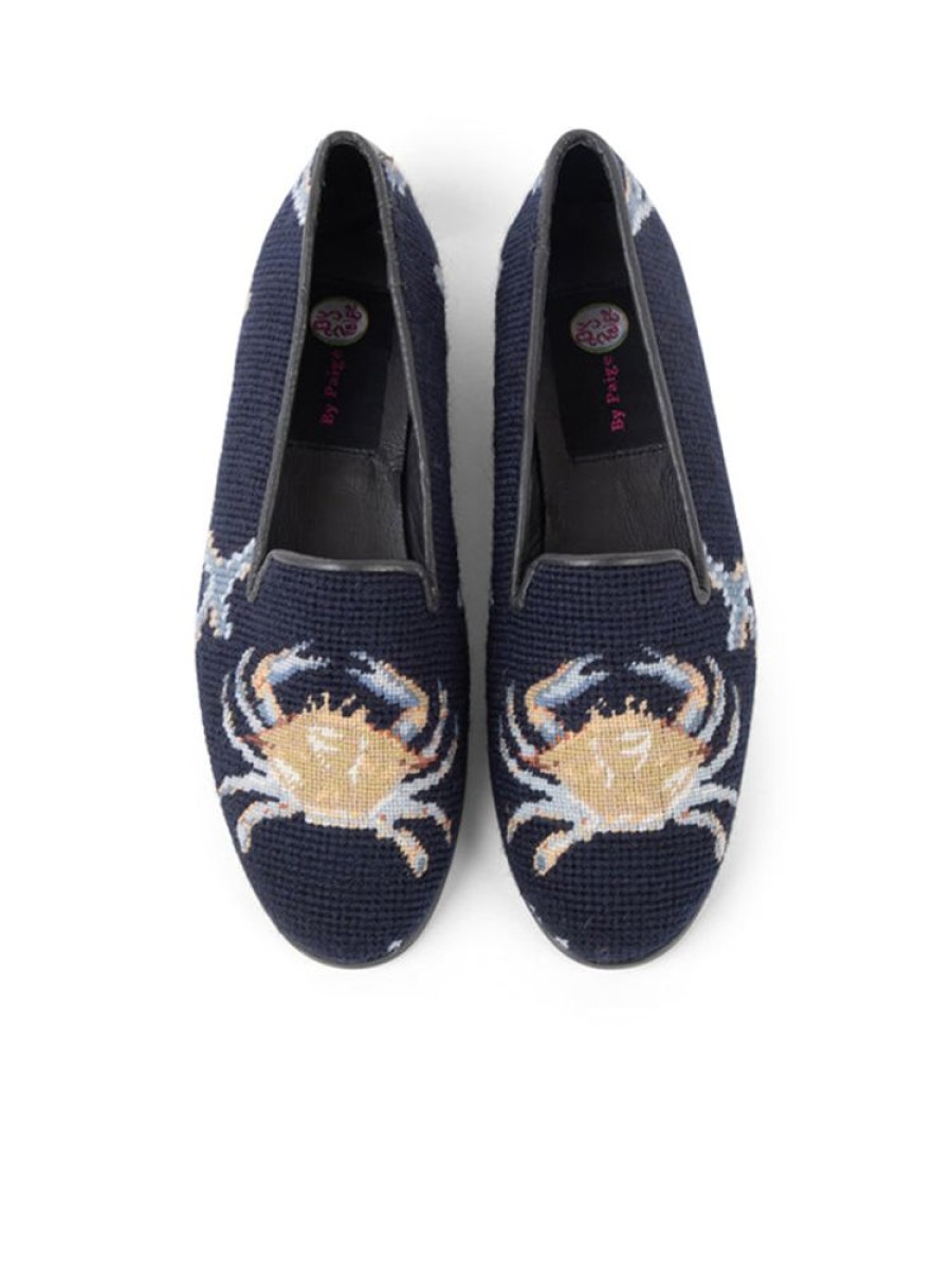 Smoking Slippers By Paige | Needlepoint Loafer Crab On Navy