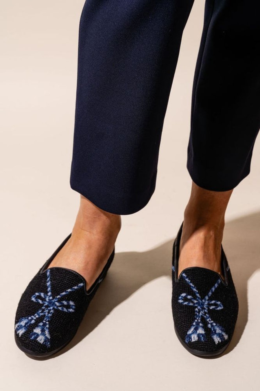 Smoking Slippers By Paige | Needlepoint Loafer Navy Tassel On Black