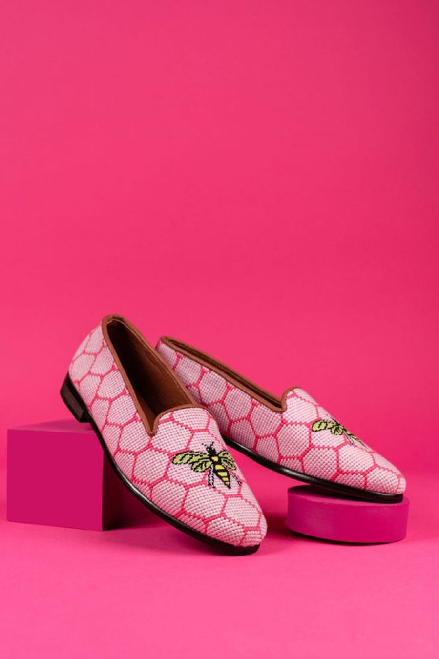 Smoking Slippers By Paige | Needlepoint Loafer In Honeycomb Pink