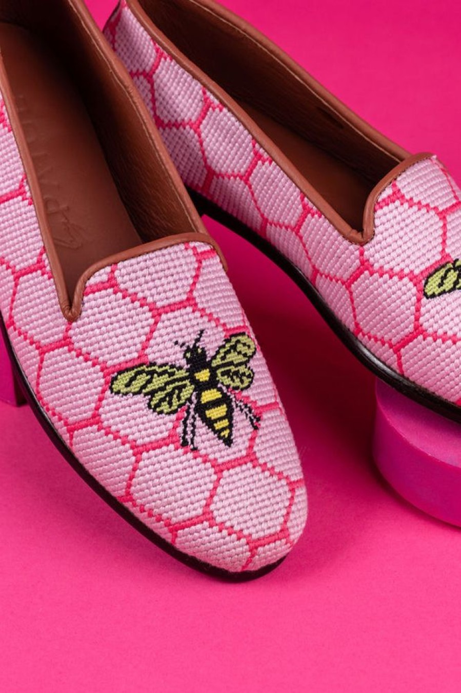 Smoking Slippers By Paige | Needlepoint Loafer In Honeycomb Pink