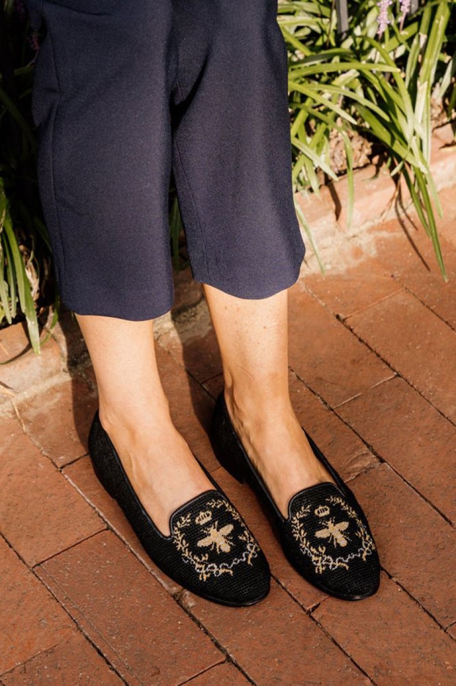 Smoking Slippers By Paige | Needlepoint Loafer Silver/Gold Bee