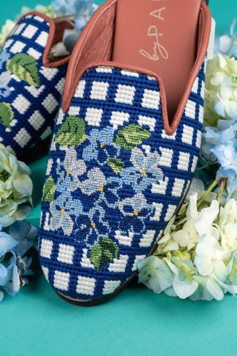 Clogs & Mules By Paige | Needlepoint Mule Blue Hydrangea