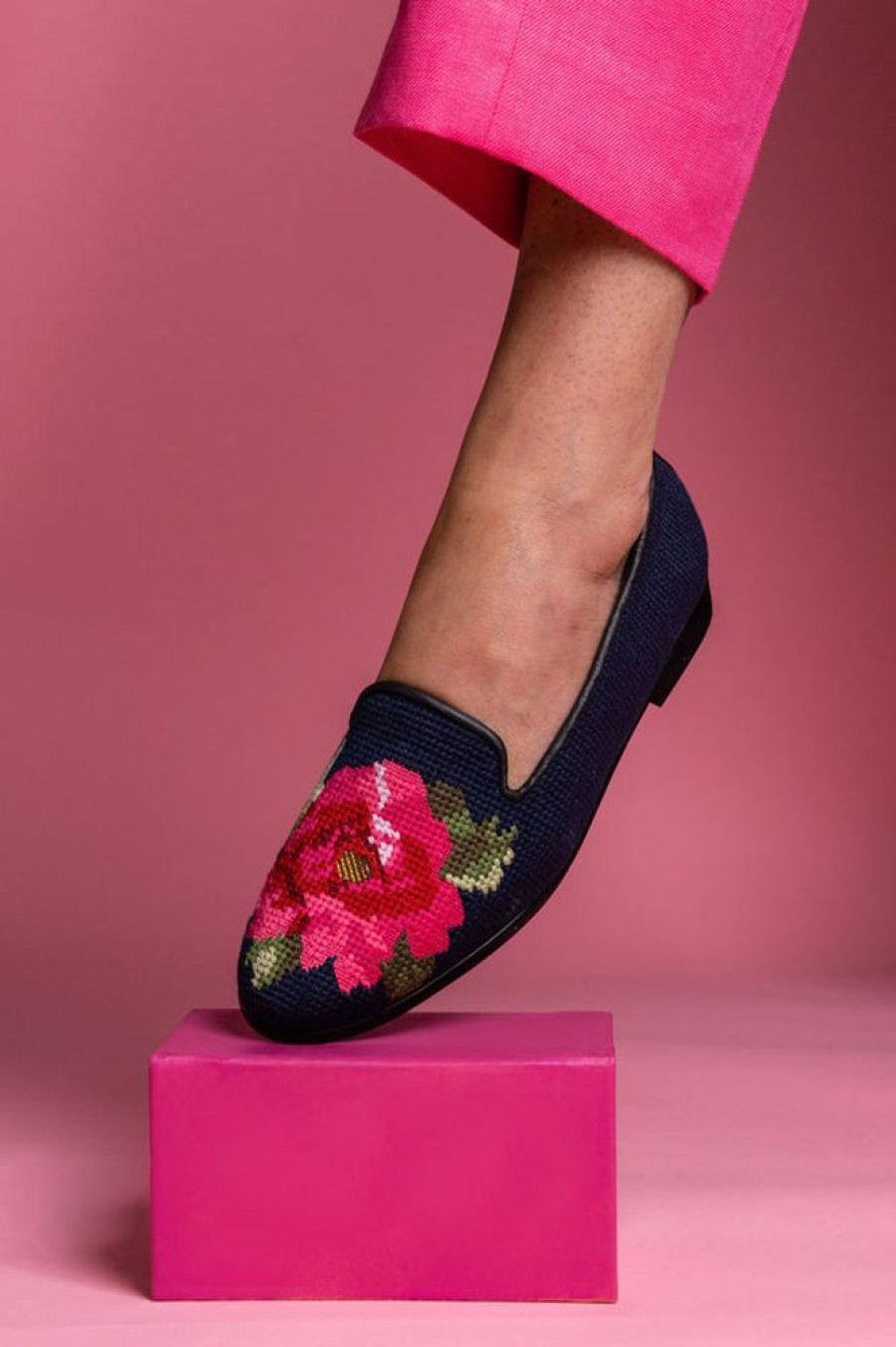 Smoking Slippers By Paige | Needlepoint Loafer Pink Peony On Navy