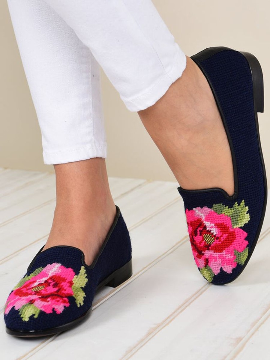 Smoking Slippers By Paige | Needlepoint Loafer Pink Peony On Navy