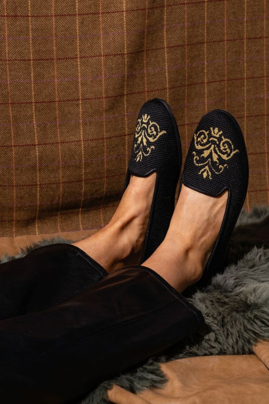 Smoking Slippers By Paige | Needlepoint Loafer Gold Scroll