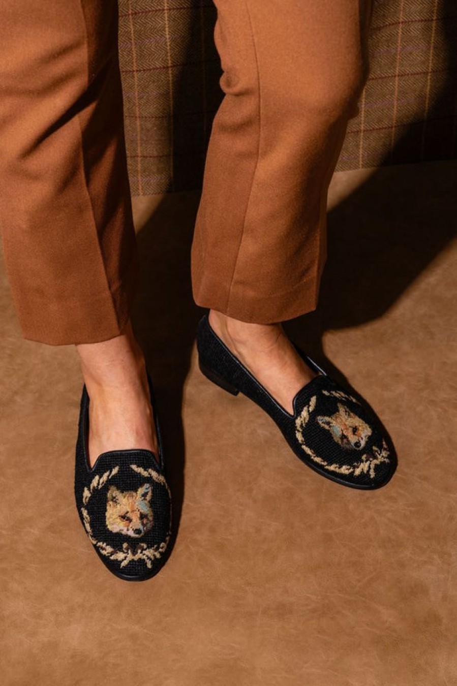 Smoking Slippers By Paige | Needlepoint Loafer Fox And Wreath