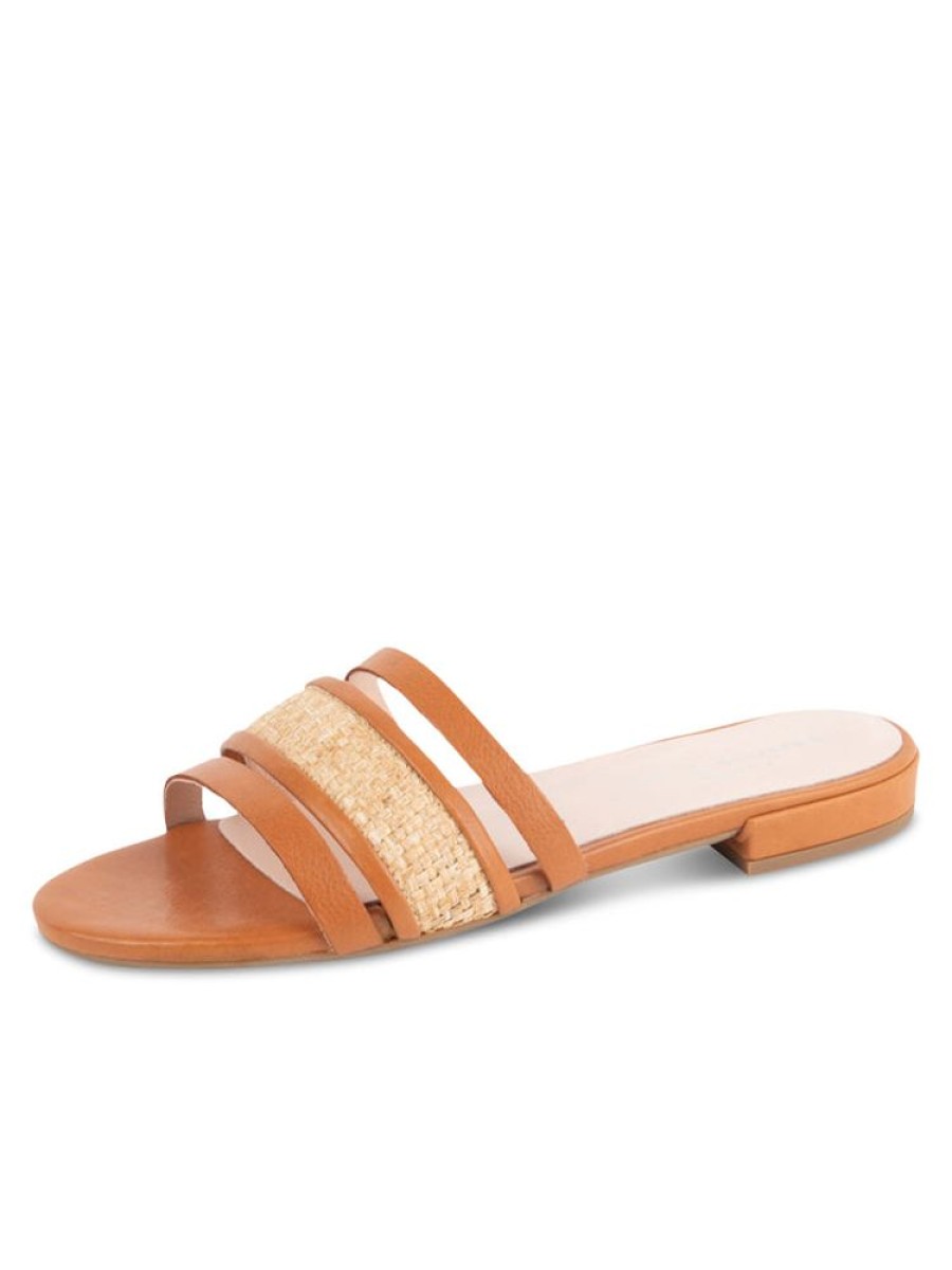 Sandals Patricia Green | Amalfi Raffia And Leather Flat Sandal Cognac