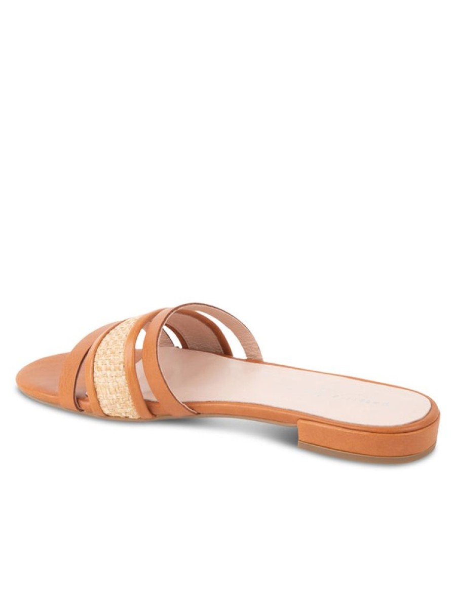 Sandals Patricia Green | Amalfi Raffia And Leather Flat Sandal Cognac