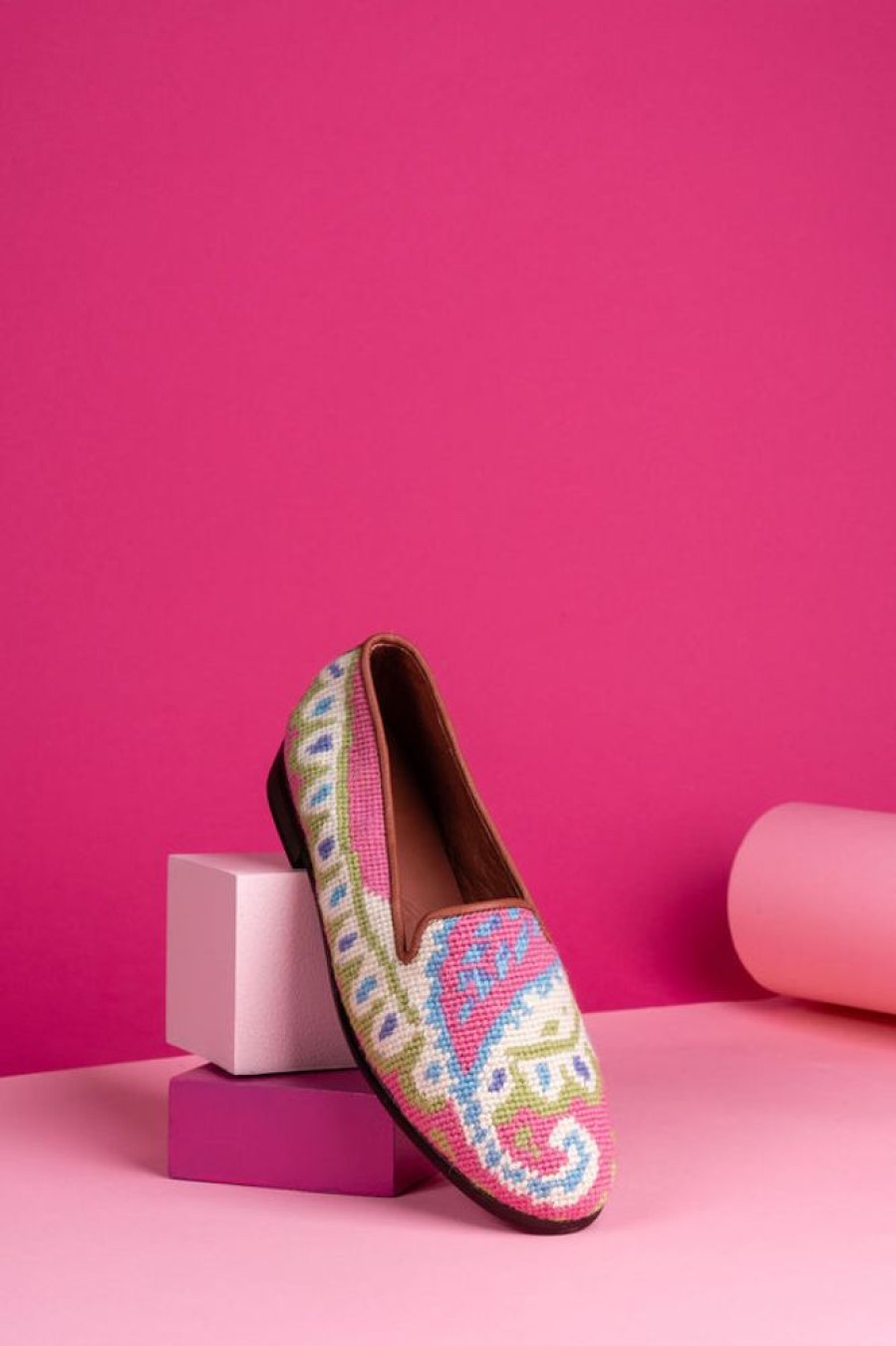 Smoking Slippers By Paige | Needlepoint Loafer In Preppy Paisley Pink