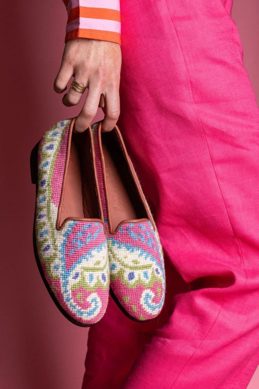 Smoking Slippers By Paige | Needlepoint Loafer In Preppy Paisley Pink