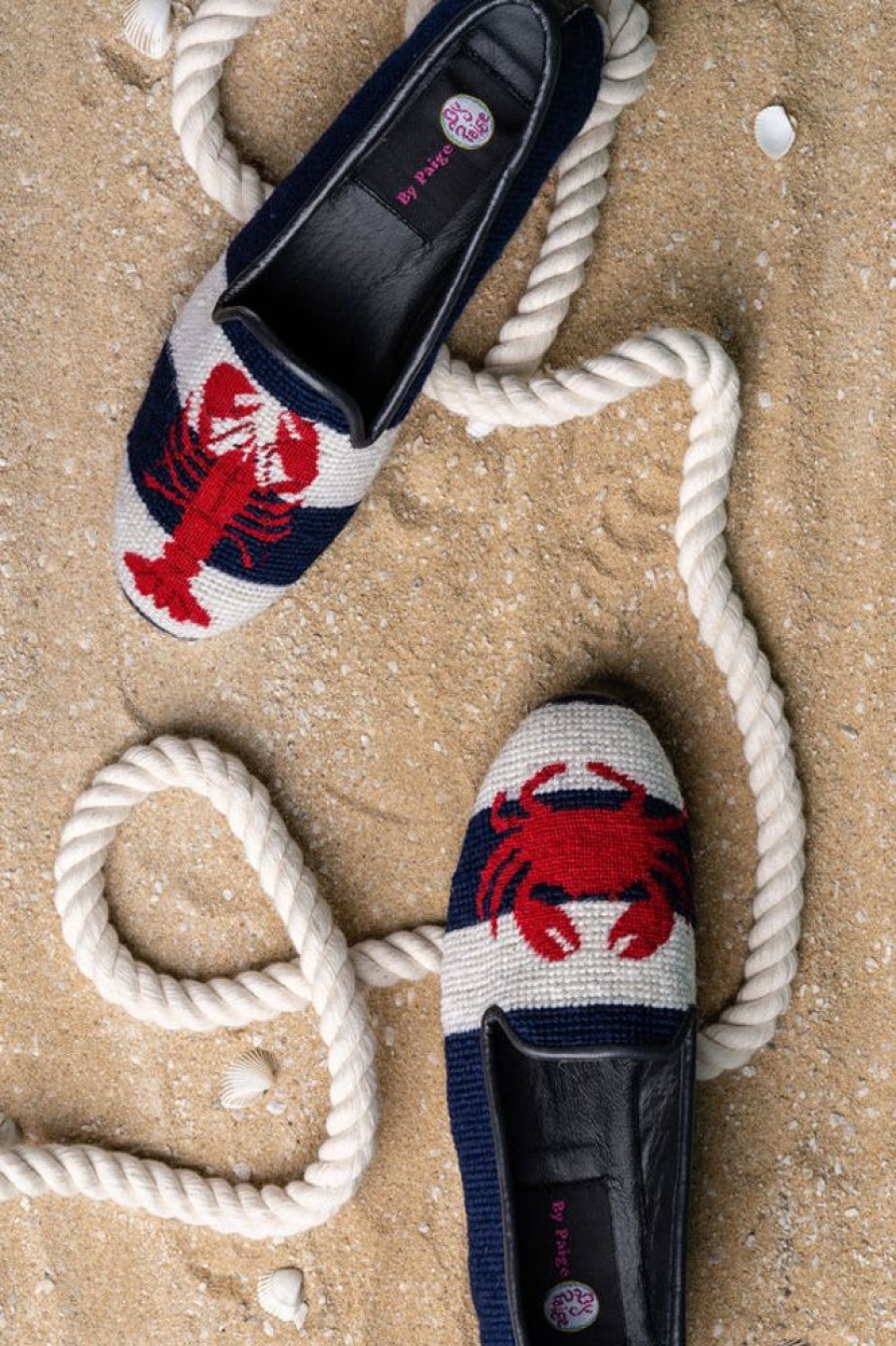 Smoking Slippers By Paige | Needlepoint Loafer Crab And Lobster On Navy Stripe