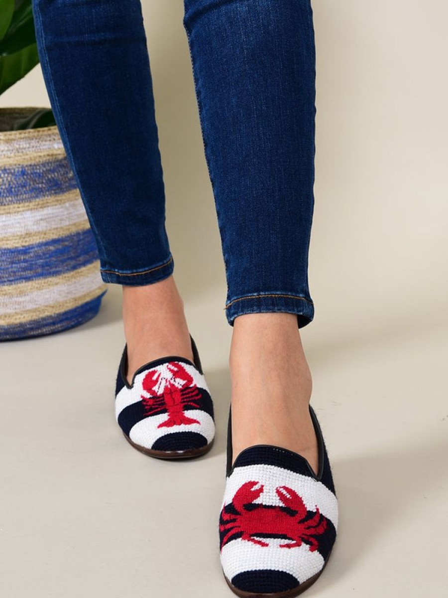 Smoking Slippers By Paige | Needlepoint Loafer Crab And Lobster On Navy Stripe