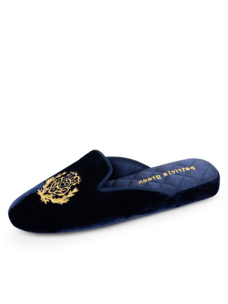 Slippers Patricia Green | Diana Embroidered Velvet Slipper Navy