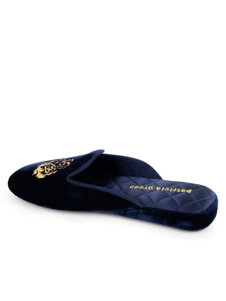 Slippers Patricia Green | Diana Embroidered Velvet Slipper Navy