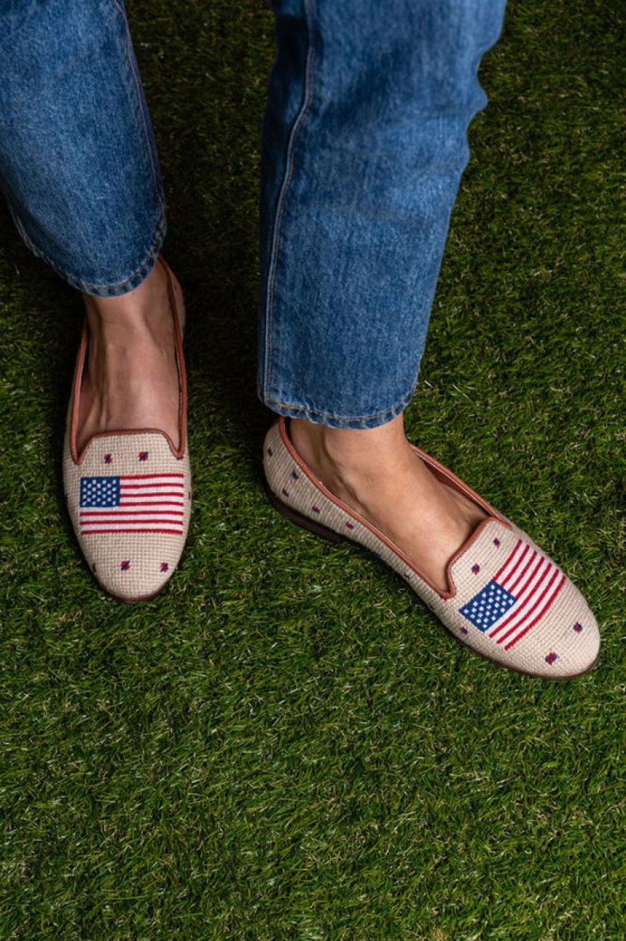 Smoking Slippers By Paige | Needlepoint Loafer In American Flag Tan