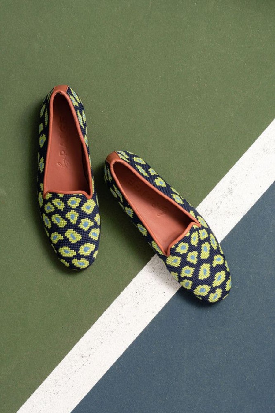 Smoking Slippers By Paige | Needlepoint Loafer In Leopard Navy/Lime