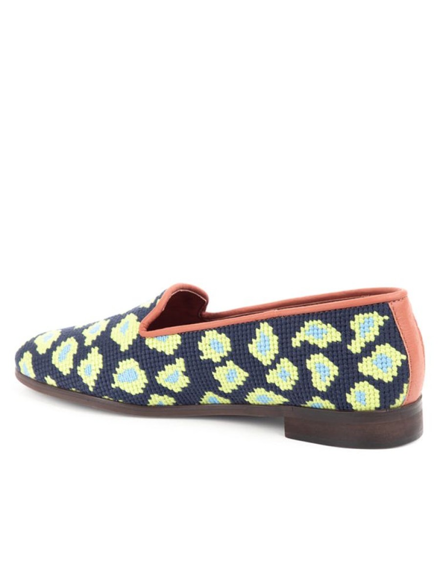 Smoking Slippers By Paige | Needlepoint Loafer In Leopard Navy/Lime